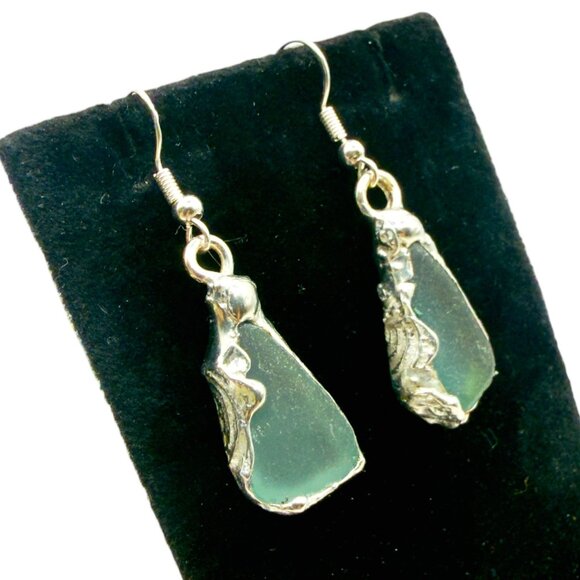Handmade Sea Glass Earrings With Artisan Silver Blend Cabochons & 925 Hooks - Picture 4 of 13